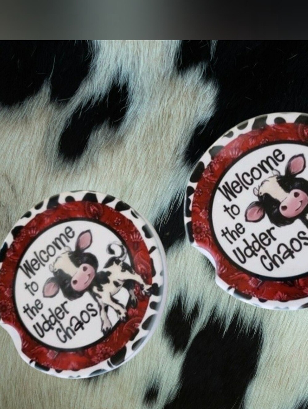 Set Of 2 Ceramic Car Coasters Welcome to the Udder Chaos Cow